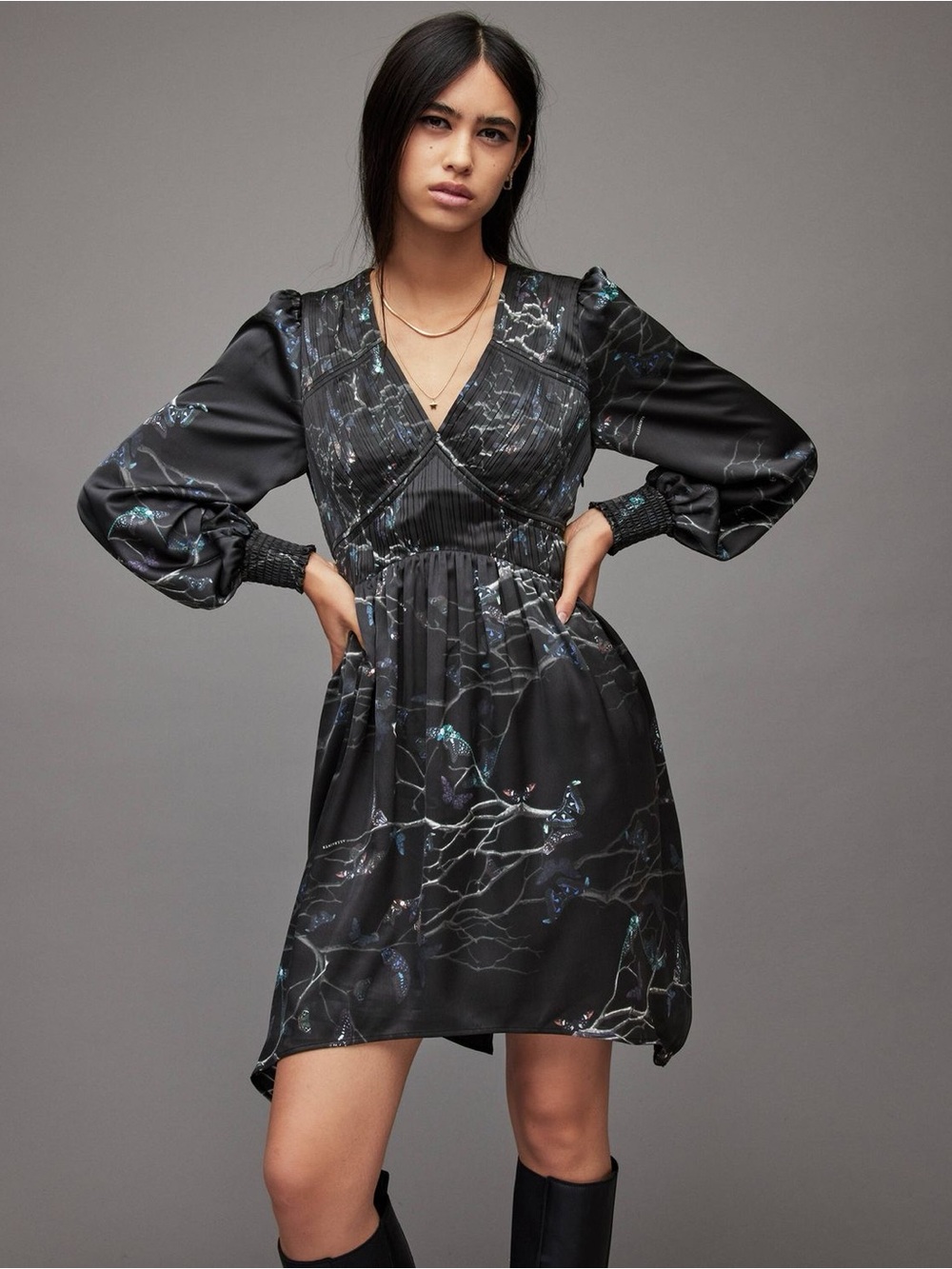 Allsaints Butterfly Tree Print Black Dress